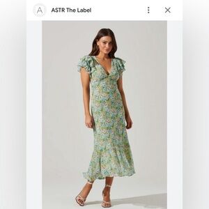 Celestine Floral Flutter Sleeve Midi Dress Green Blue Pink